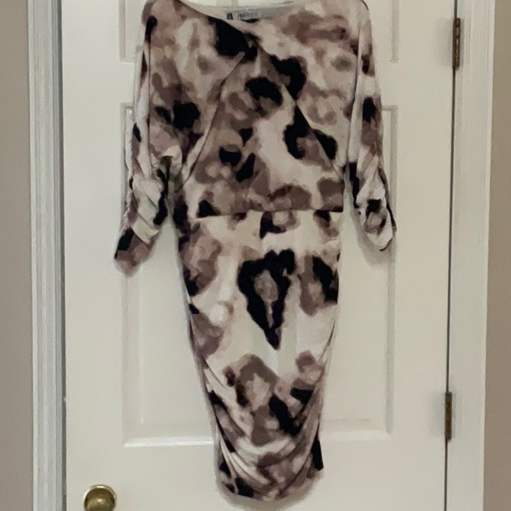 Multi color dress,  long sleeves, ruched sleeves and sides, above knee length